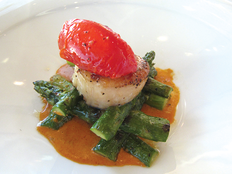 Seared New Bedford sea scallop, grilled asparagus, confit tomato, lobster rose sauce